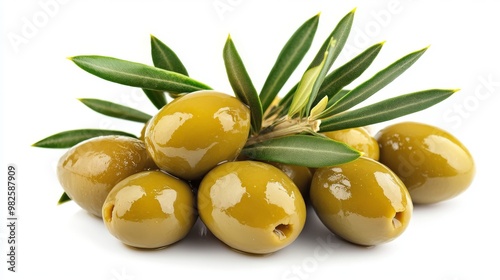 Green olives with leaves, perfectly isolated on a white background.