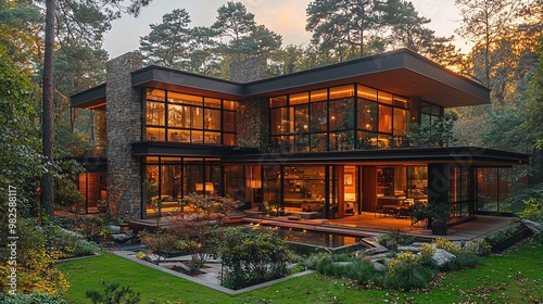 A luxurious modern house surrounded by towering pine trees, with a glass facade overlooking the forest