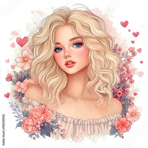 Beautiful blond woman with curly hair in dress, surrounded by flowers and hearts