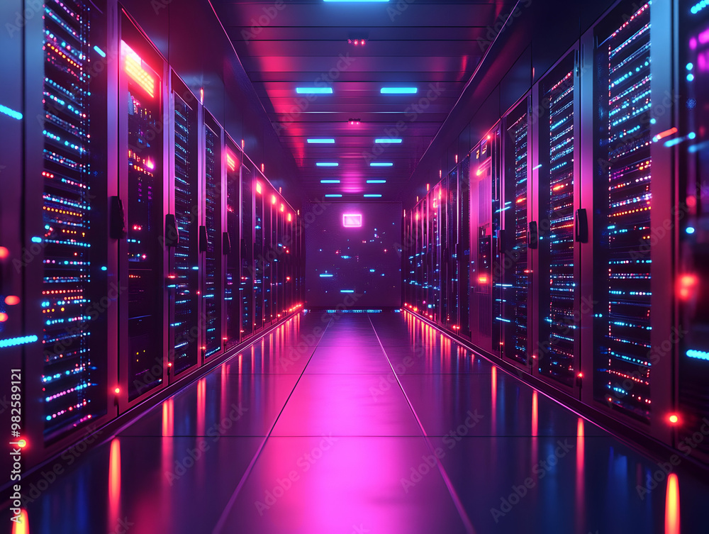 Fototapeta premium Futuristic server room with vibrant neon lights, showcasing advanced technology and sleek design in a digital environment.