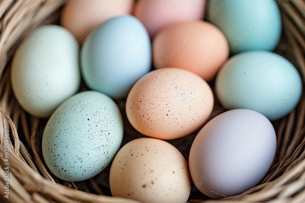 A cluster of pastel-colored eggs arranged in a circular pattern in a woven basket A cluster of pastel-colored eggs arranged in a circular pattern in a woven basket
