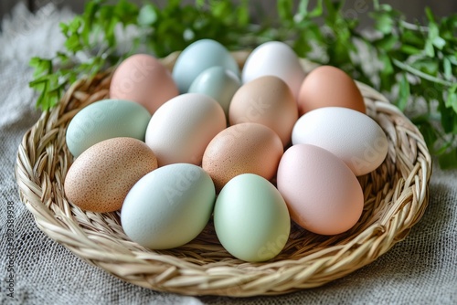 Wallpaper Mural A cluster of pastel-colored eggs arranged in a circular pattern in a woven basket  Torontodigital.ca