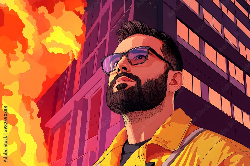 A vector design of an urban firefighter with a beard and glasses, posing in front of a burning building. The design features bold colors against a dark background A vector design of an urban firefighter with a beard and glasses, posing in front of a burning building. The design features bold colors against a dark background