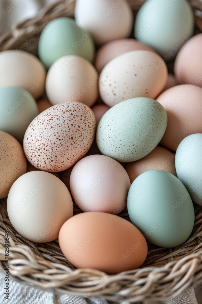 A cluster of pastel-colored eggs arranged in a circular pattern in a woven basket A cluster of pastel-colored eggs arranged in a circular pattern in a woven basket