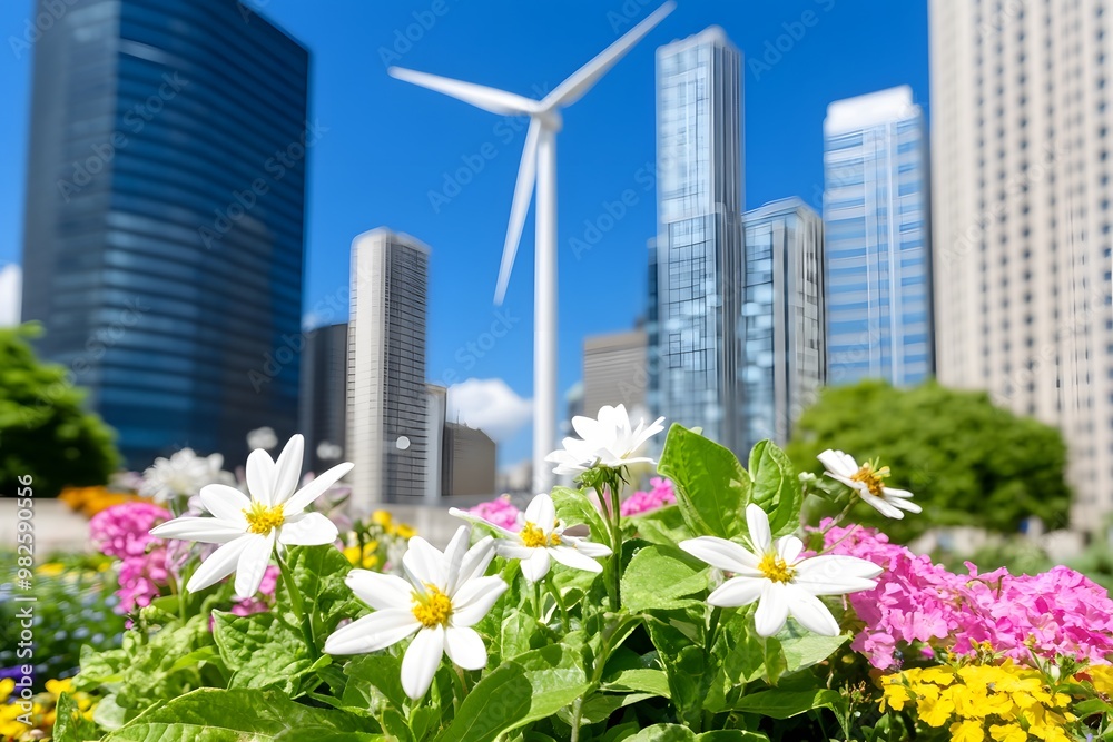 A wind turbine stands tall in the center of an urban cityscape, surrounded by skyscrapers and blooming flowers A wind turbine stands tall in the center of an urban cityscape, surrounded by skyscrapers and blooming flowers