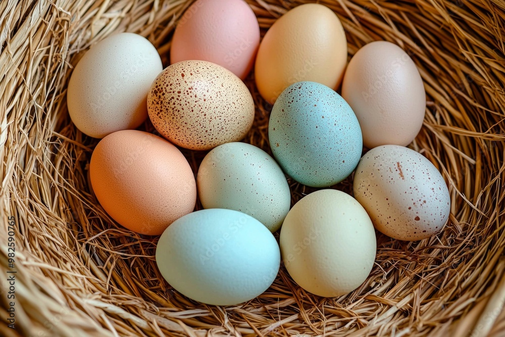 A cluster of pastel-colored eggs arranged in a circular pattern in a woven basket A cluster of pastel-colored eggs arranged in a circular pattern in a woven basket