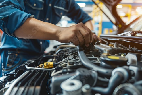 a car mechanic works on the engine of a vehicle in a workshop