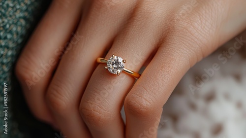 Hand showing off a gold engagement ring with sparkling diamonds, elegantly positioned to capture the brilliance of the jewelry. Soft lighting enhances the luxury of the diamonds and gold.