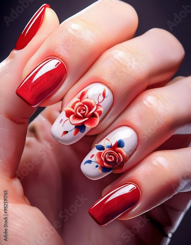 Firefly Close-up of a hand with classic red nails, featuring a single accent nail with a tiny.