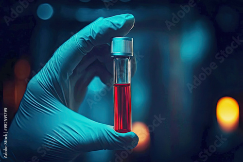 Gloved hand holding blood sample vial in lab