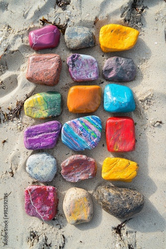 A collection of brightly painted rocks arranged in a perfect rectangle on a sandy beach 
