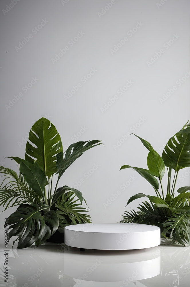 product display podium with tropical leaves. product display podium with tropical leaves.