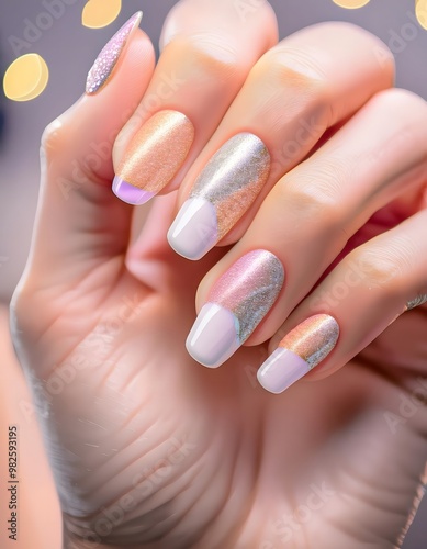 Firefly Close-up of a hand with French tips, featuring subtle glitter and elegant curves for a moder (6)