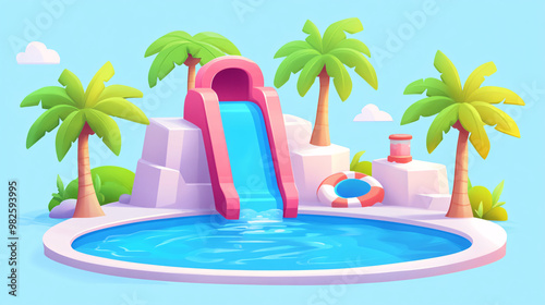 3D summer swimming pool water slide holiday travel illustration

