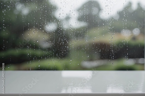 Wood table with rain water drop on glass background. photo