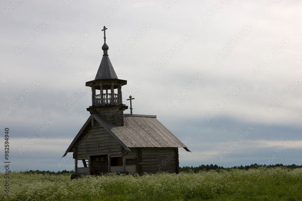 Russia Karelia Kanzanavolok Chapel of the Savior Not Made by Hands on a cloudy summer day Russia Karelia Kanzanavolok Chapel of the Savior Not Made by Hands on a cloudy summer day