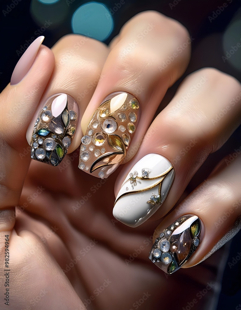 Close-up of a hand with jewel-toned nails, each nail showcasing a different gemstone-inspire. Close-up of a hand with jewel-toned nails, each nail showcasing a different gemstone-inspire.