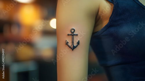 Close-up of an anchor tattoo on a person's arm, showcasing intricate design and style. photo