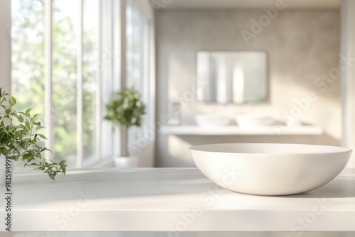 3D rendering, empty white counter in bathroom, copy space on white table in blurred bathroom with generative ai