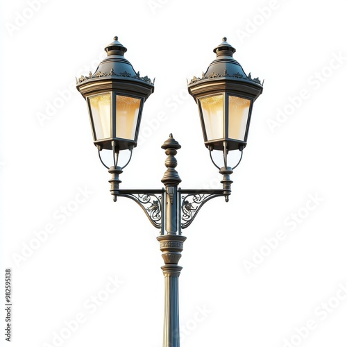 On a white background, an electric street lamp sits on a wall with a lamp in the middle