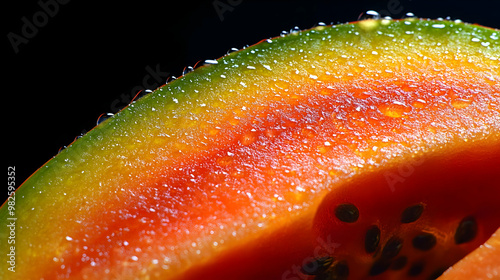 Close-up of vibrant papaya flesh with droplets; showcasing its rich colors and textures, perfect for food and health themes. photo