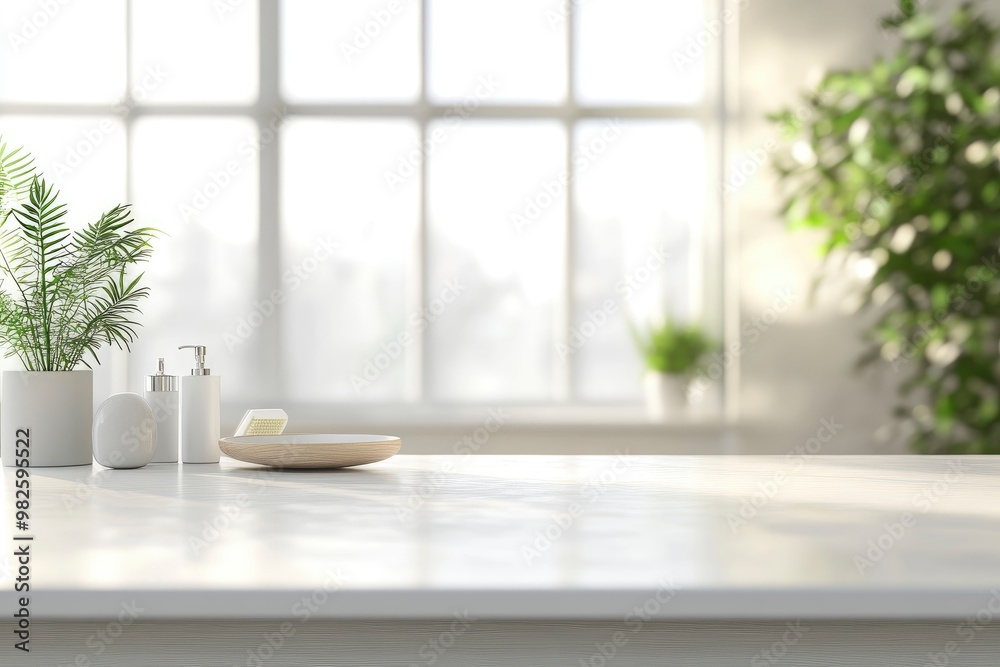 3D rendering, empty white counter in bathroom, copy space on white table in blurred bathroom with generative ai