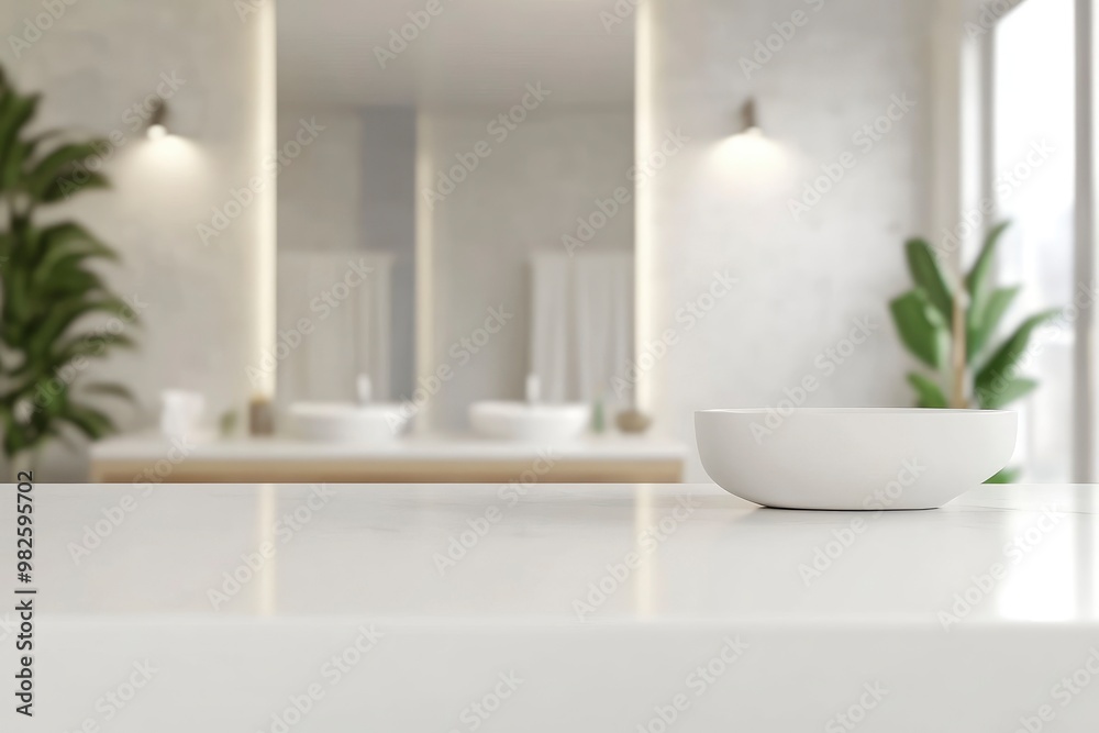 3D rendering, empty white counter in bathroom, copy space on white table in blurred bathroom with generative ai 3D rendering, empty white counter in bathroom, copy space on white table in blurred bathroom with generative ai