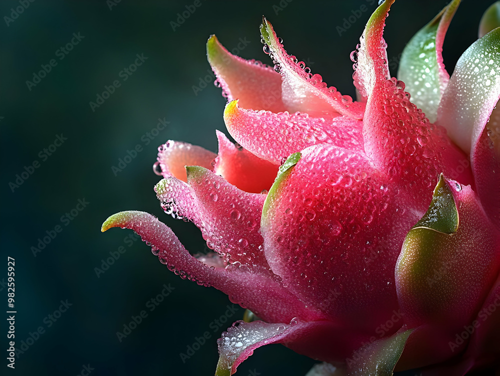 Vibrant close-up of a pink dragon fruit blossom with dew drops, showcasing its unique textures and striking colors against a dark background. Vibrant close-up of a pink dragon fruit blossom with dew drops, showcasing its unique textures and striking colors against a dark background.