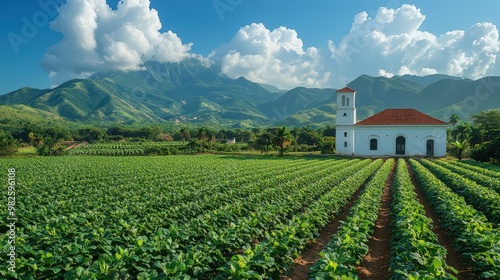 Lush Green Farmland with Rows of Crops and Mountainous Background under Clear Sky 