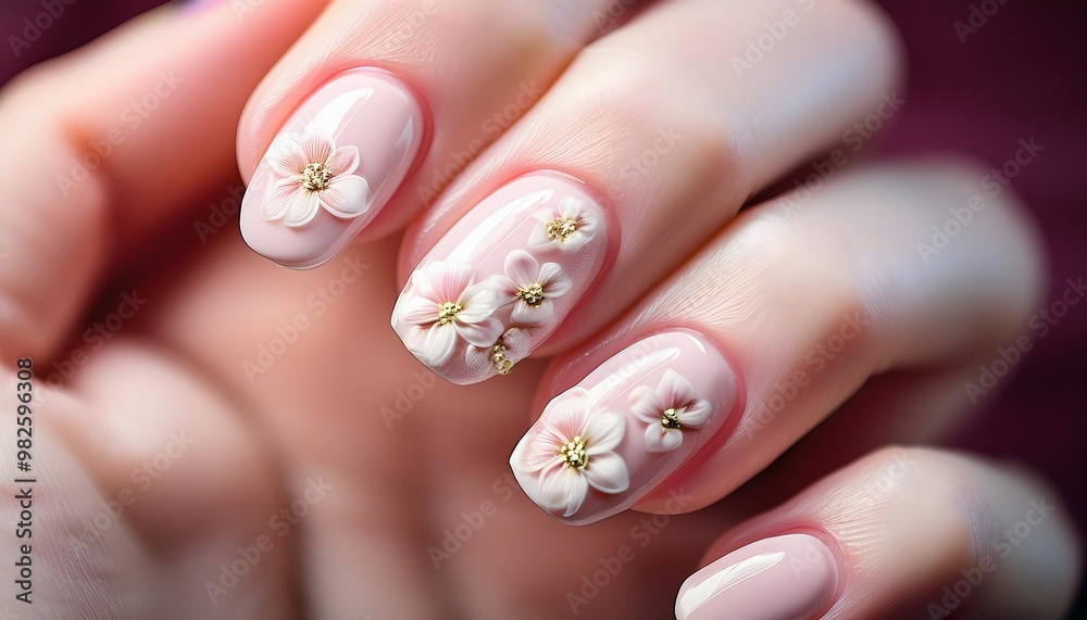 Delicate pastel nails with small, intricate floral patterns on a soft, pale hand, macro view Delicate pastel nails with small, intricate floral patterns on a soft, pale hand, macro view