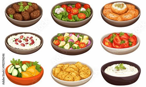 Various Arabic cuisines set. Falafel, beef curry, bbq, biryani, mandi, grilled meat, shrimp