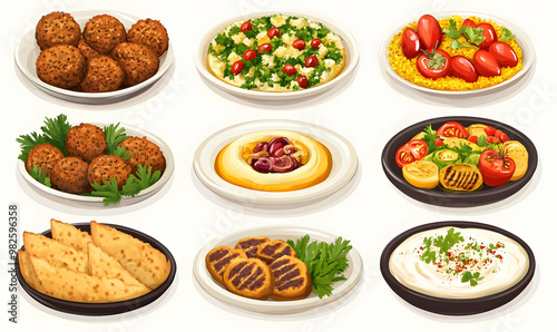 Various Arabic cuisines set. Falafel, beef curry, bbq, biryani, mandi, grilled meat, shrimp