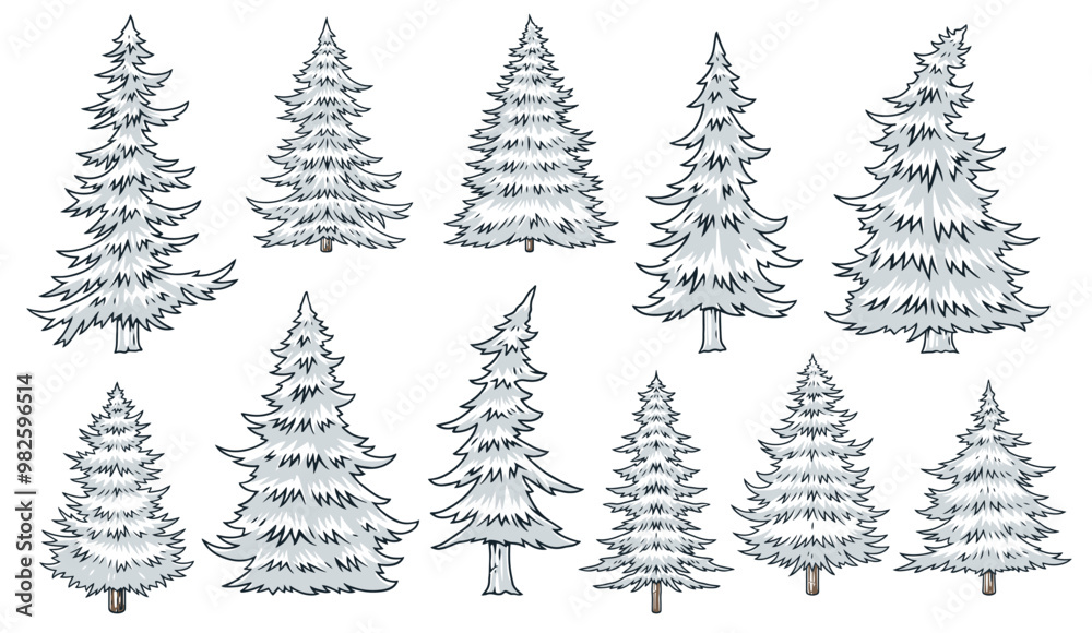 Obraz premium Coniferous trees set emblems monochrome