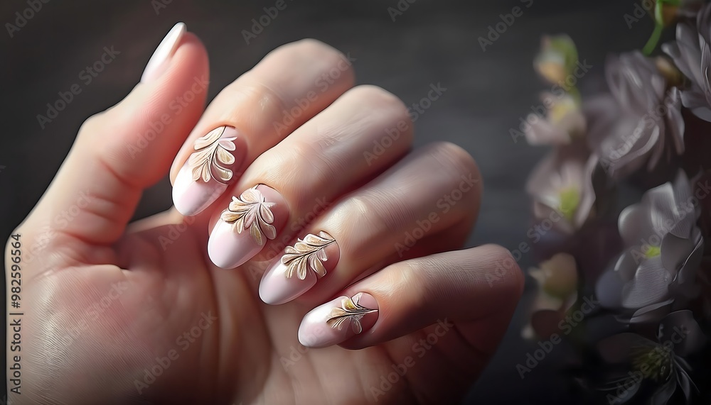 Delicate pastel nails with small, intricate floral patterns on a soft, pale hand, macro view Delicate pastel nails with small, intricate floral patterns on a soft, pale hand, macro view
