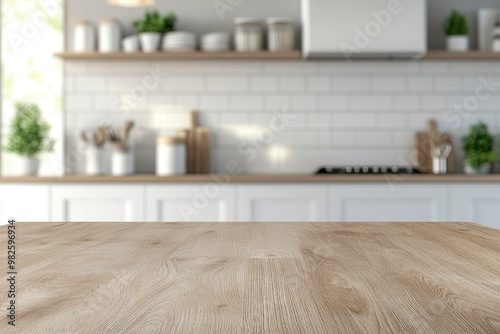 A copy space on wooden dining tabletop over blurred modern luxury white kitchen with generative ai