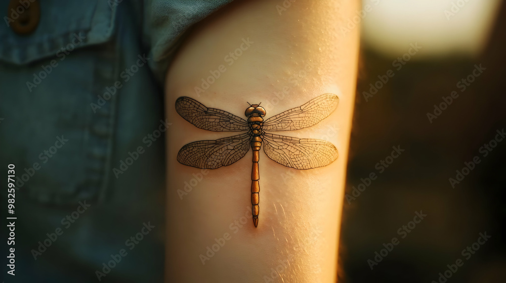 Obraz premium Close-up of a tattoo featuring a delicate dragonfly on a person's arm, capturing the beauty and intricacy of body art.