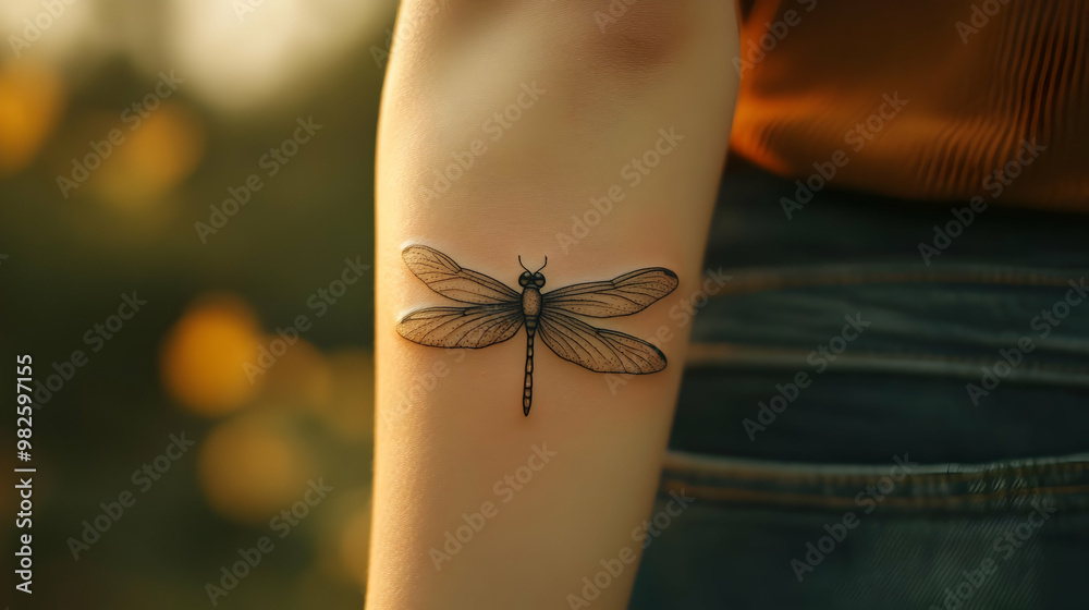 Obraz premium A close-up of a dragonfly tattoo on an arm, showcasing intricate details against a natural background.