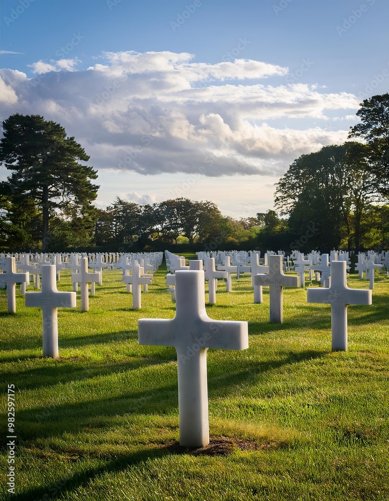 British military cemetery with crosses at sunset, Gloucestershire, UK British military cemetery with crosses at sunset, Gloucestershire, UK