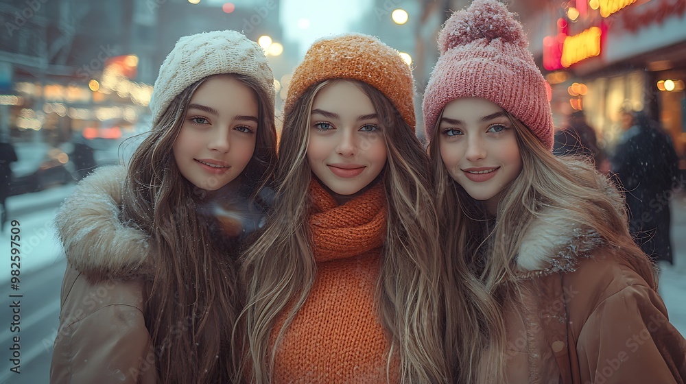 Three young women wearing winter clothing smile for a photo in a snowy city. Three young women wearing winter clothing smile for a photo in a snowy city.