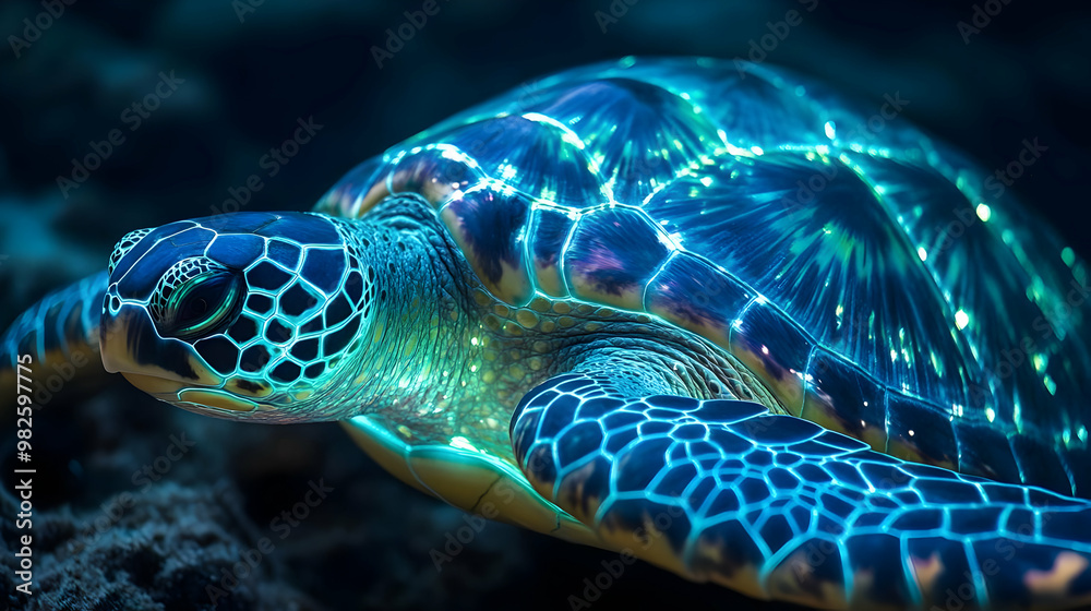 Obraz premium A stunning underwater photograph of a glowing turtle showcasing vibrant colors and intricate patterns in its shell.
