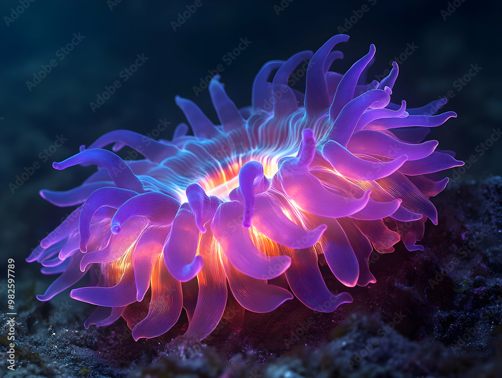 Vibrant underwater scene featuring a glowing anemone showcasing its delicate, translucent tentacles and captivating colors. Vibrant underwater scene featuring a glowing anemone showcasing its delicate, translucent tentacles and captivating colors.