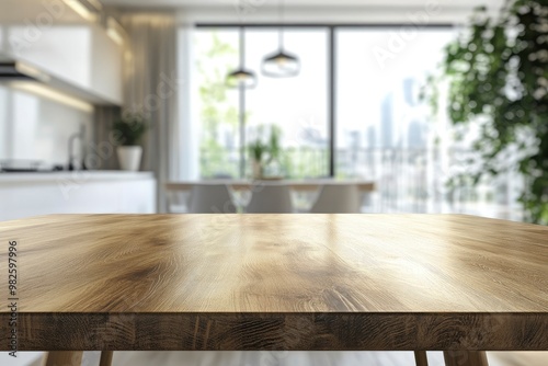 A copy space on wooden dining tabletop over blurred modern luxury white kitchen with generative ai