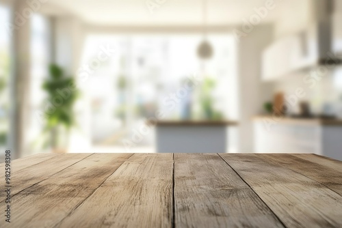 A copy space on wooden dining tabletop over blurred modern luxury white kitchen with generative ai