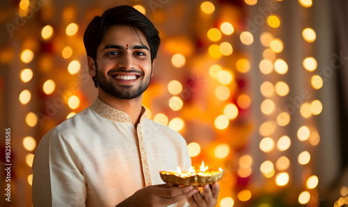 Happy Diwali concept photo man holding Diya and celebrating Diwali festival photo