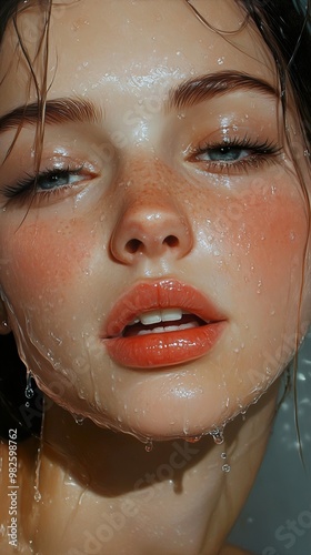 Close-up Portrait of a Woman with Water Drops on Her Face