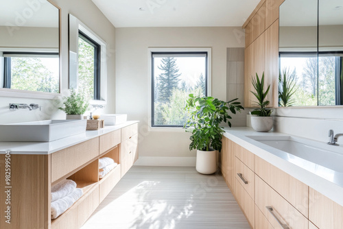 modern bathroom with furniture, Bright and Airy Bathroom with Light Wood Cabinetry and Minimalist