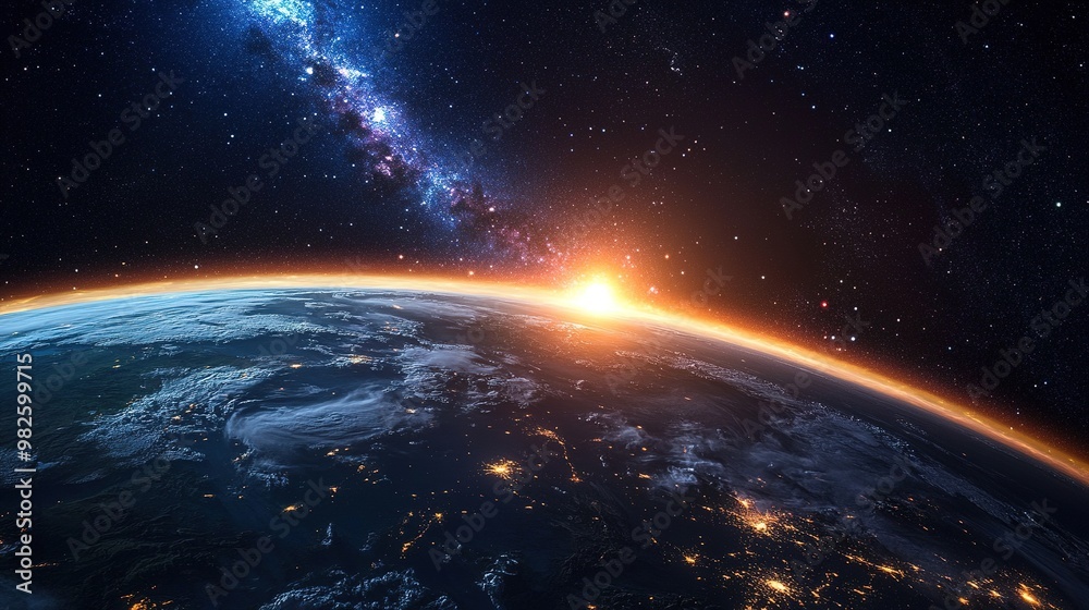 A night image of Earth from space, with the galaxy glow highlighting the planet beauty A night image of Earth from space, with the galaxy glow highlighting the planet beauty