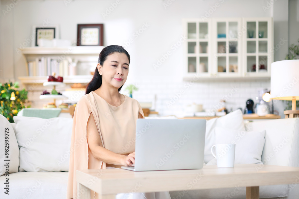 Senior beautiful asian woman using laptop while sitting on sofa at her cozy living room at home. Senior beautiful asian woman using laptop while sitting on sofa at her cozy living room at home.