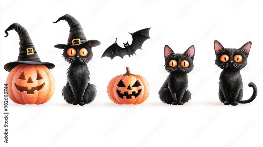 Spooky Halloween Objects - Carved Pumpkin, Black Cat, Witch's Hat, Flying Bat, Creepy Decorations on White Background Spooky Halloween Objects - Carved Pumpkin, Black Cat, Witch's Hat, Flying Bat, Creepy Decorations on White Background