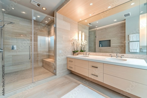 modern bathroom interior, Contemporary Bathroom Style Light Wood Cabinetry and Minimalist Countertop